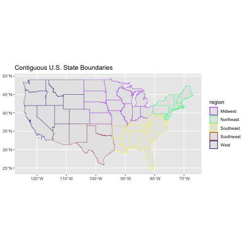 Map of the continental United States where the state lines are colored by region.