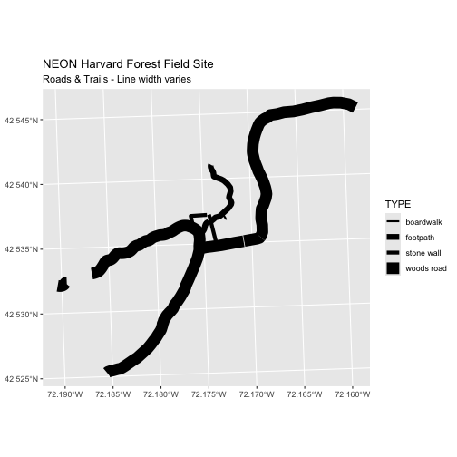 Roads and trails in the area with different line thickness for each type of paths.