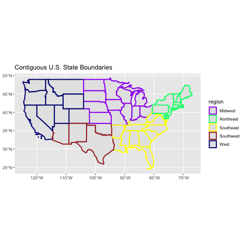 Map of the continental United States where the state lines are colored by region.