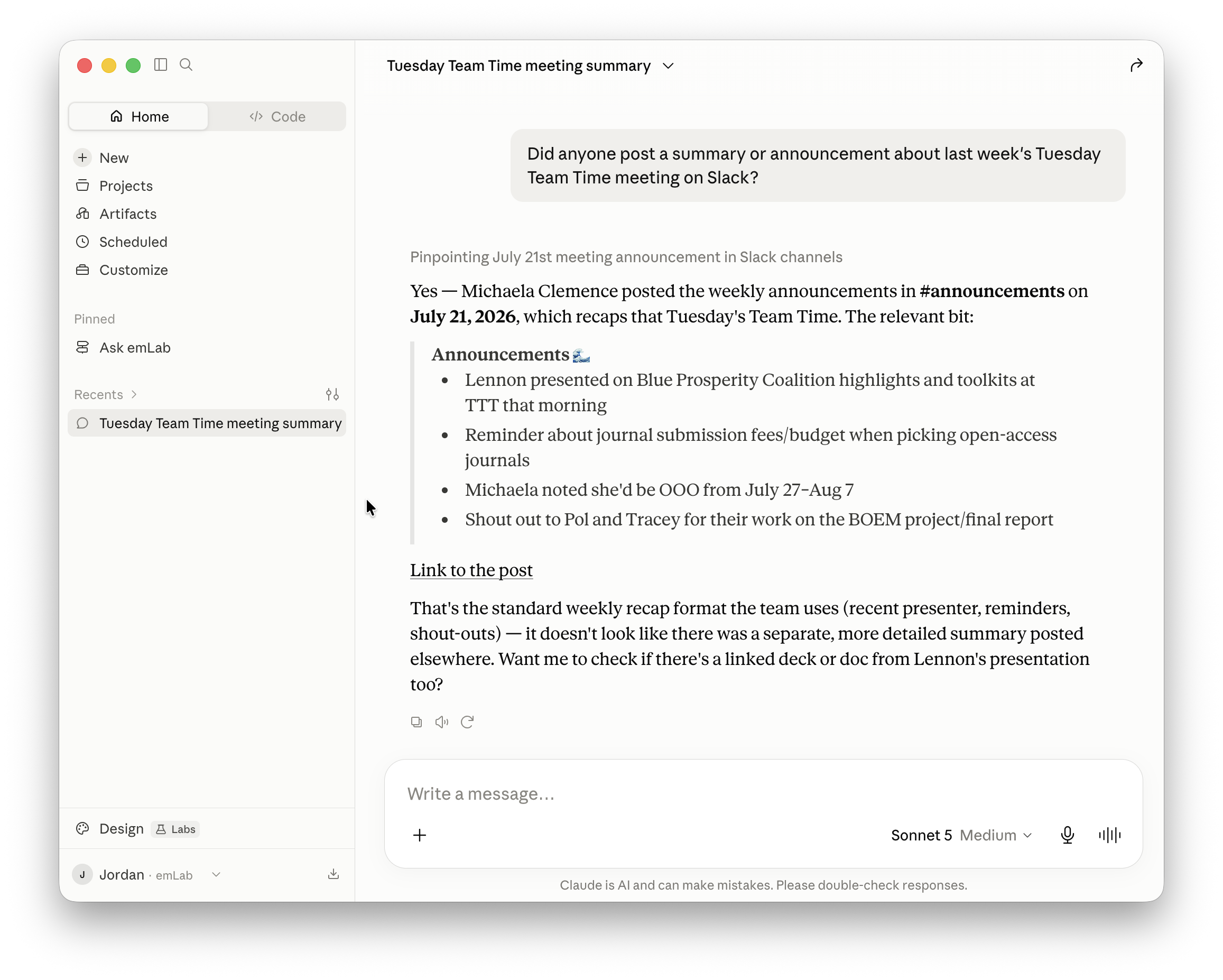 Claude answering a question using the Slack connector