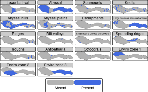 Maps showing presence or absence of conservation features in the planning region