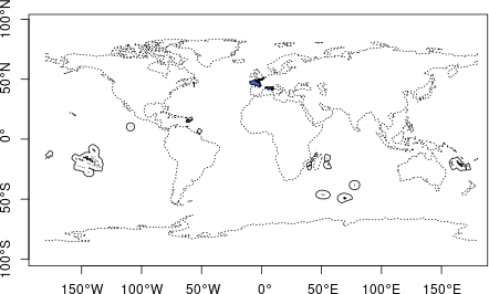 EEZ of mainland France (blue) and all overseas territories (solid outlines). World coastlines are shown as dashed line for reference.