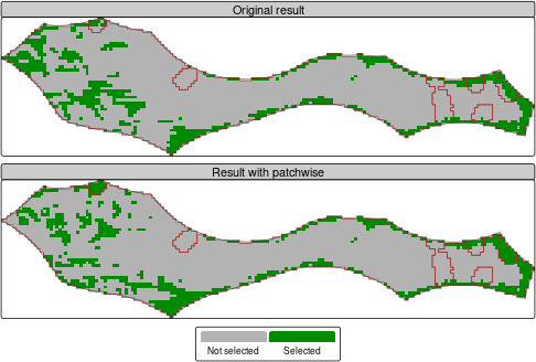 Prioritization solution for the Pacific High Seas area, with whole seamounts included. Brown outlines are seamounts.